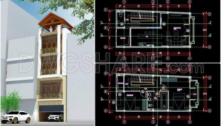 279. CAD design drawings for a 5-story townhouse with dimensions of 5.5m x 11.6m