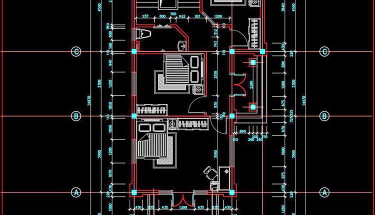 280. CAD design drawings for a 3-story townhouse with dimensions of 7m x 14.3m