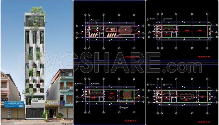 383. CAD drawings of the floor plan, elevation, and cross-sections of the 6-story house with dimensions of 5m x 20m