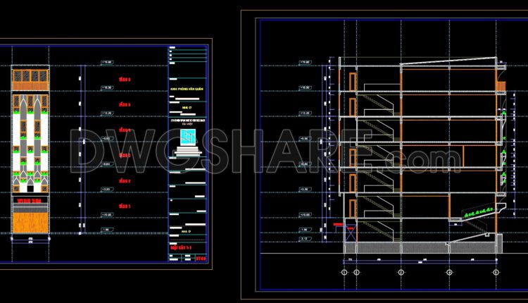 383. CAD drawings of the floor plan, elevation, and cross-sections of the 6-story house with dimensions of 5m x 20m