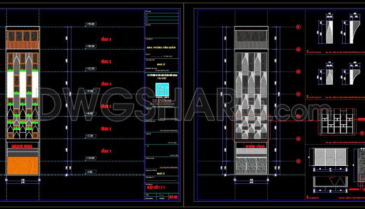 383. CAD drawings of the floor plan, elevation, and cross-sections of the 6-story house with dimensions of 5m x 20m