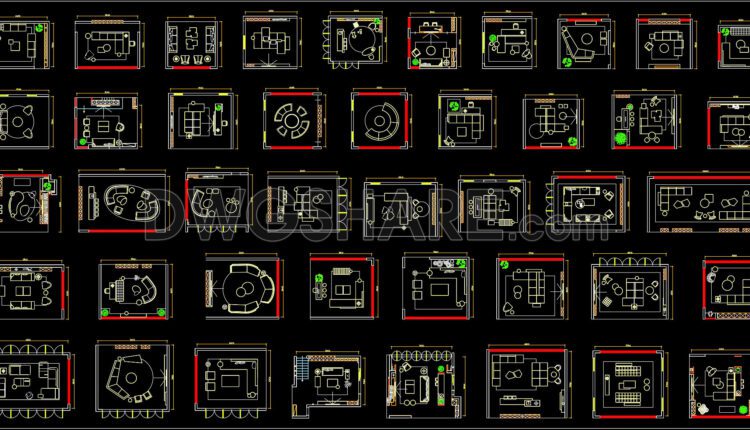 5. Download 100 CAD drawings of residential Living room layout plans