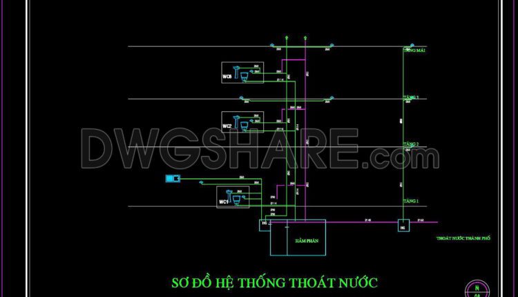 58. CAD drawings detailing the design of water supply and drainage systems for a 3-story townhouse 4m x 13m