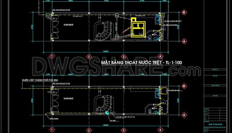 59. CAD drawings detailing the design of water supply and drainage systems for a 1-story townhouse 3.7m x 16.2m