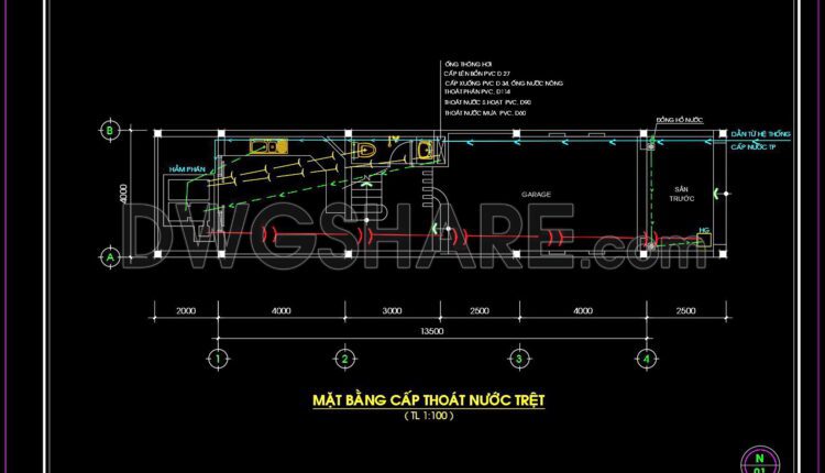 60. CAD drawings detailing the design of water supply and drainage systems for a 4-story townhouse 4m x 13.5m