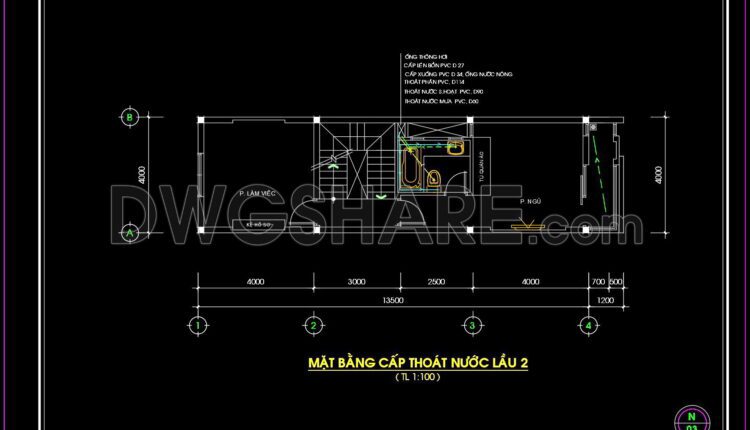 60. CAD drawings detailing the design of water supply and drainage systems for a 4-story townhouse 4m x 13.5m