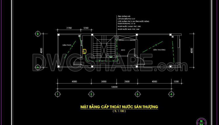 60. CAD drawings detailing the design of water supply and drainage systems for a 4-story townhouse 4m x 13.5m