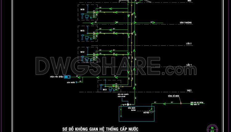 60. CAD drawings detailing the design of water supply and drainage systems for a 4-story townhouse 4m x 13.5m