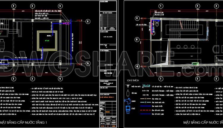 62. Detailed CAD design drawings for the water supply system in a 5-story townhouse