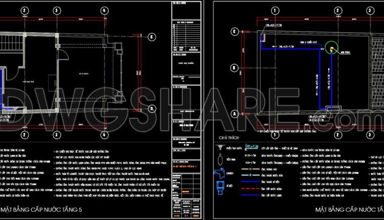 62. Detailed CAD design drawings for the water supply system in a 5-story townhouse