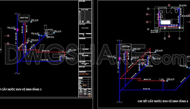 62. Detailed CAD design drawings for the water supply system in a 5-story townhouse
