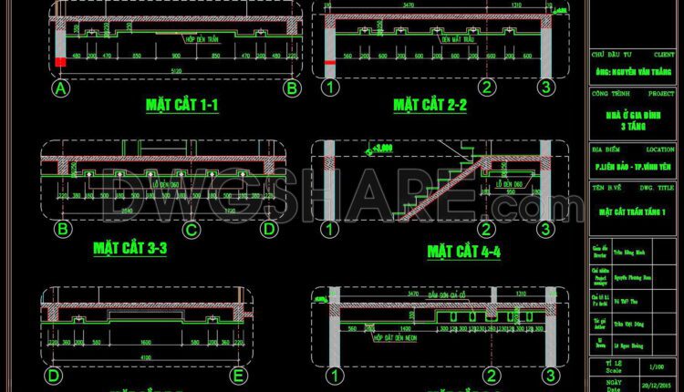 77. Detailed CAD drawings for the ceiling layout design of a 3-story townhouse