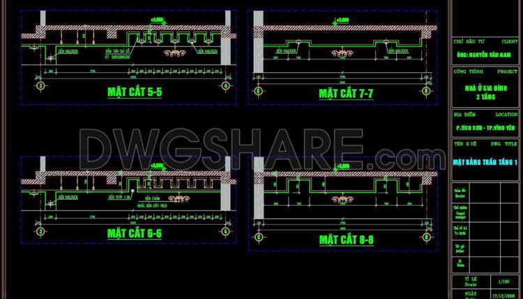 77. Detailed CAD drawings for the ceiling layout design of a 3-story townhouse