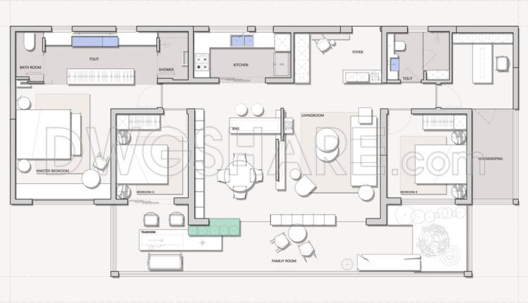 202. Functional floor plan CAD drawing of an apartment with an area of 175m2
