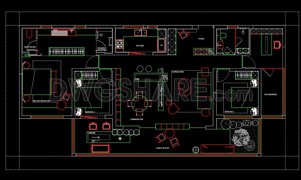 202. Functional floor plan CAD drawing of an apartment with an area of 175m2