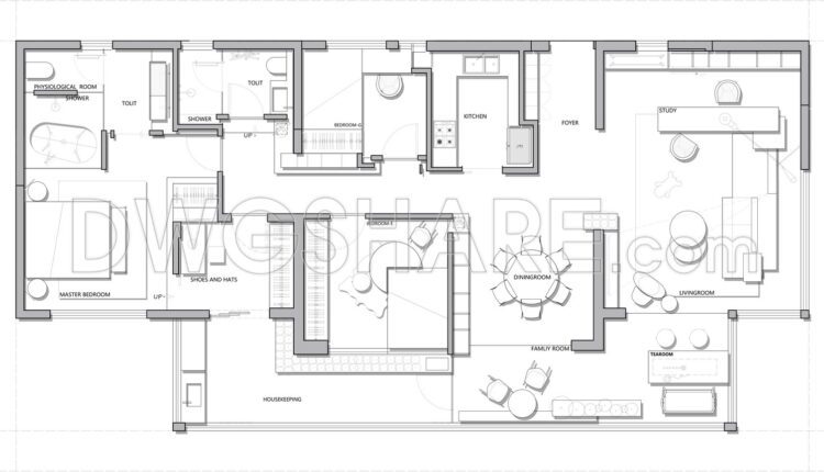 203. Functional floor plan CAD drawing of an apartment with an area of 175m2