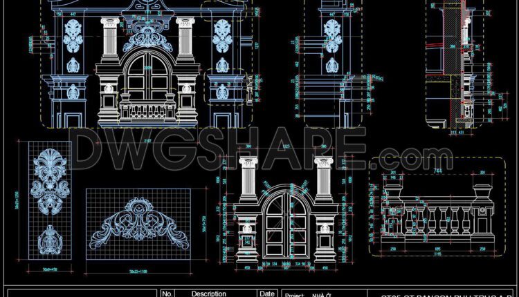 250. Detailed AutoCAD drawings of vertical facades in classical architecture