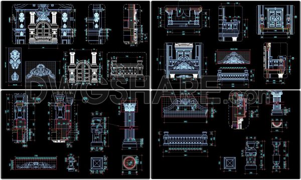 250. Detailed AutoCAD drawings of vertical facades in classical architecture