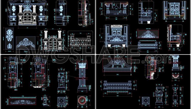 250. Detailed AutoCAD drawings of vertical facades in classical architecture