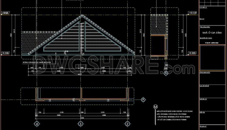 259. Detailed CAD drawings of sloped roofs, roof drainage gutters, and balcony railings for a townhouse