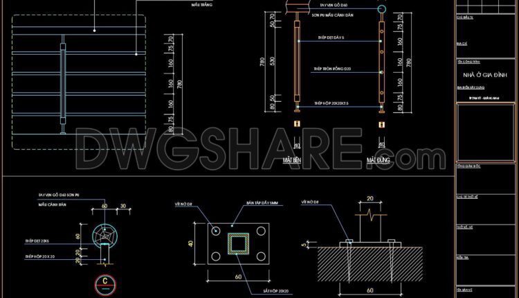 259. Detailed CAD drawings of sloped roofs, roof drainage gutters, and balcony railings for a townhouse