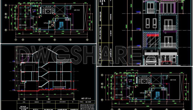 281. CAD design drawings for a 3-story townhouse with dimensions of 7m x 20m