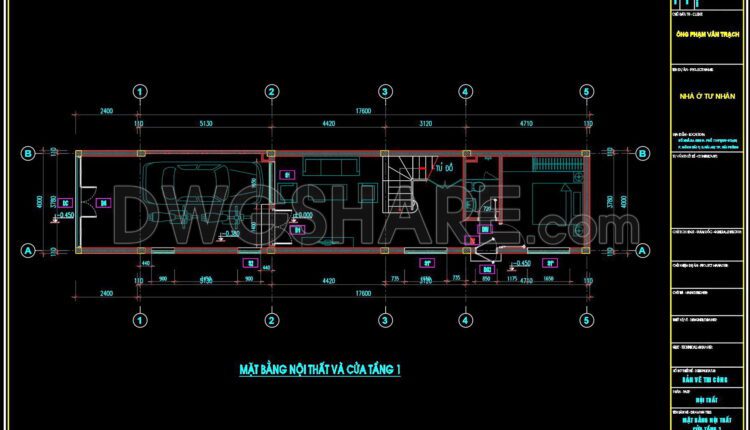 282. CAD design drawings for a 4-story townhouse with dimensions of 4m x 17.6m