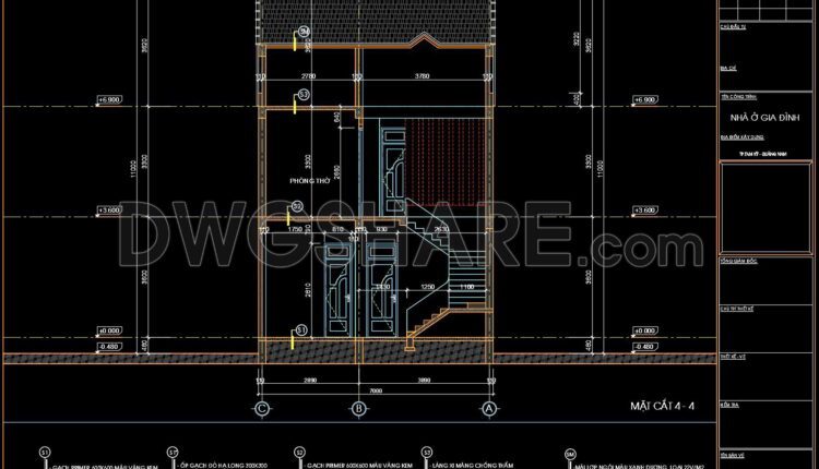 284. CAD design drawings for a 3-story townhouse with dimensions of 7m x 16.8m