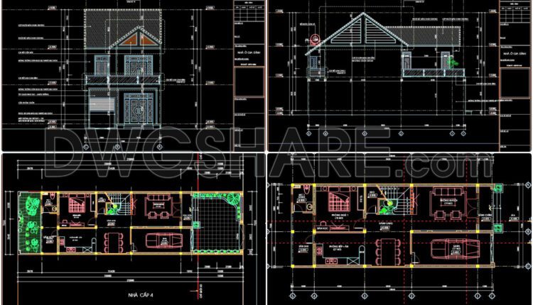 284. CAD design drawings for a 3-story townhouse with dimensions of 7m x 16.8m