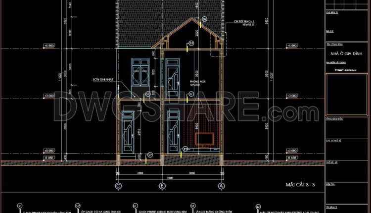 284. CAD design drawings for a 3-story townhouse with dimensions of 7m x 16.8m