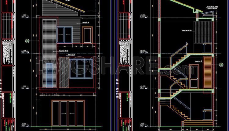 285. CAD design drawings for a 3-story townhouse with dimensions of 5m x 20m