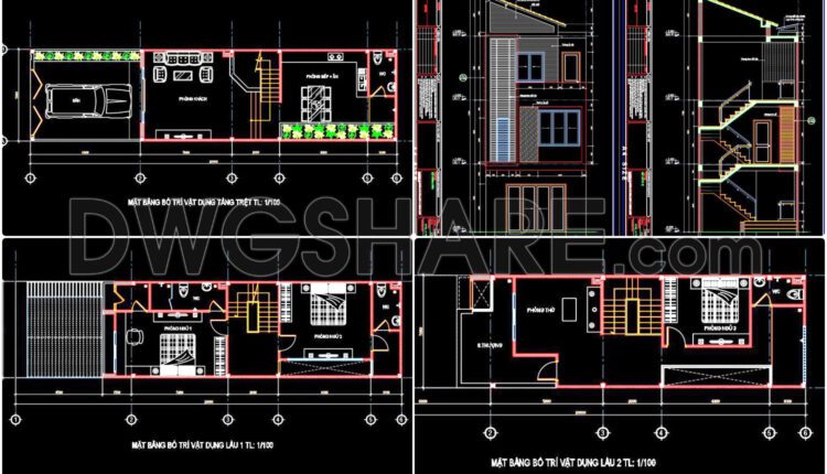 285. CAD design drawings for a 3-story townhouse with dimensions of 5m x 20m