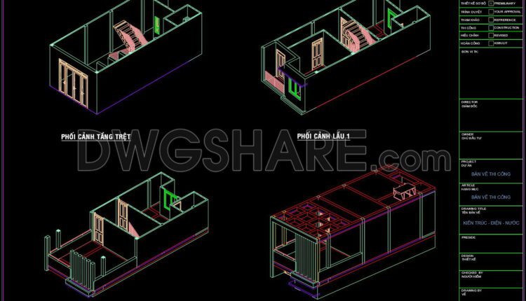 287. CAD design drawings for a 3-story townhouse with dimensions of 4.6m x 11m