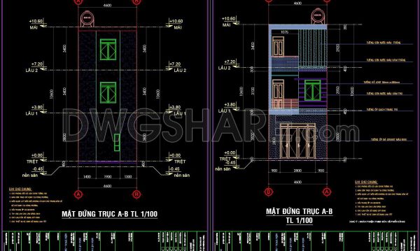 287. CAD design drawings for a 3-story townhouse with dimensions of 4.6m x 11m