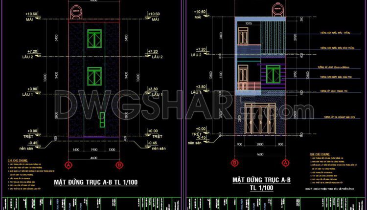 287. CAD design drawings for a 3-story townhouse with dimensions of 4.6m x 11m