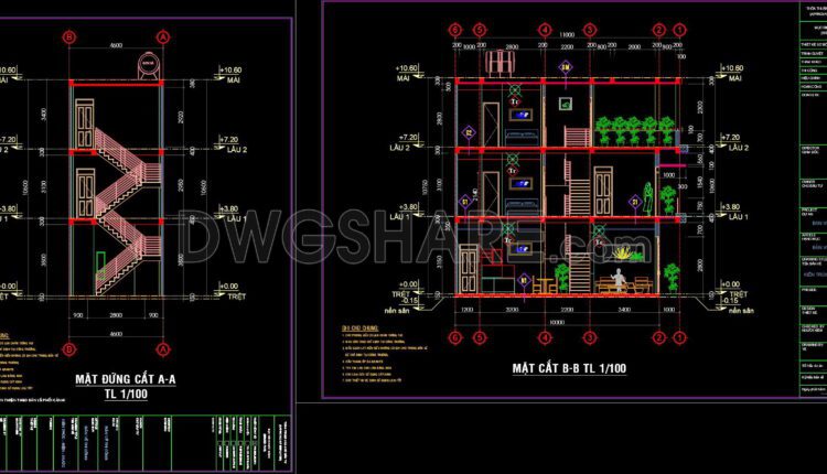 287. CAD design drawings for a 3-story townhouse with dimensions of 4.6m x 11m