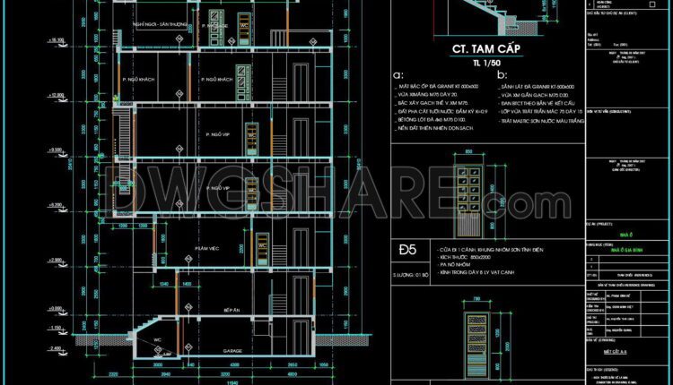 288. CAD design drawings for a 5-story townhouse with dimensions of 5m x 12m