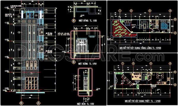 289. CAD design drawings for a 5-story townhouse with dimensions of 4m x 13.1m