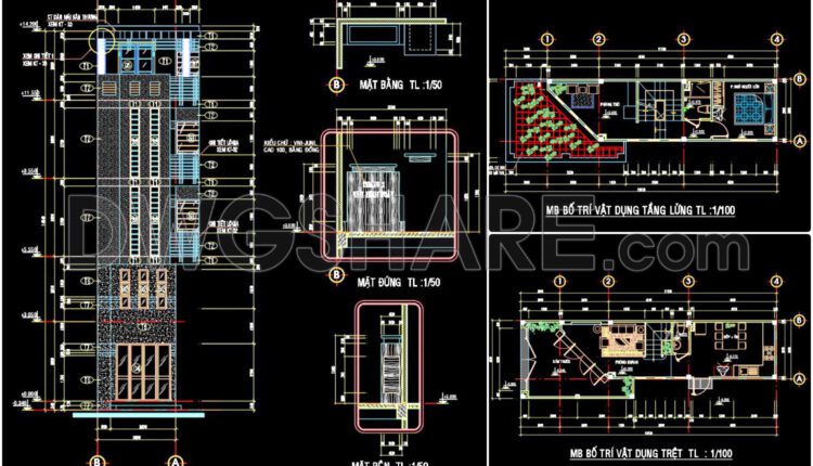 289. CAD design drawings for a 5-story townhouse with dimensions of 4m x 13.1m