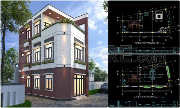 290. CAD design drawings for a 3-story townhouse with dimensions of 5m x 10m