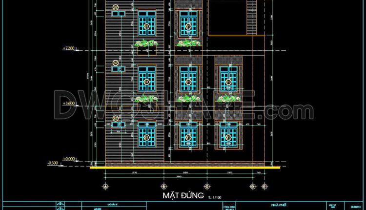 290. CAD design drawings for a 3-story townhouse with dimensions of 5m x 10m