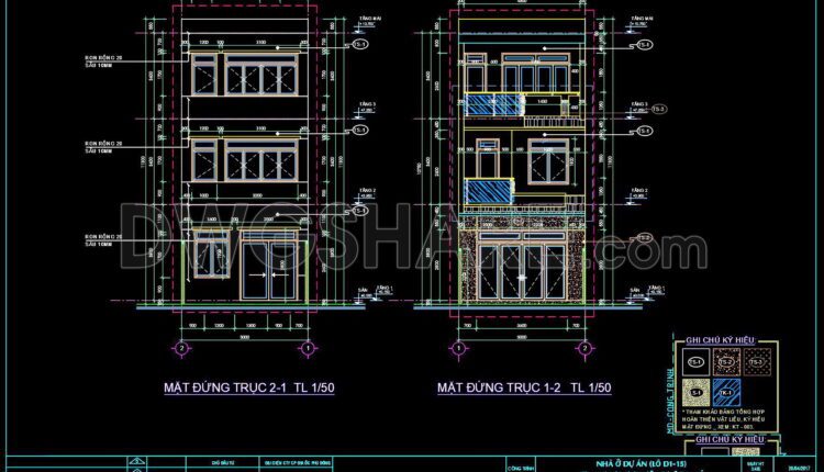 291. CAD design drawings for a 3-story townhouse with dimensions of 5m x 17m