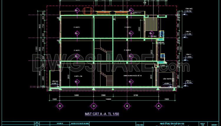 291. CAD design drawings for a 3-story townhouse with dimensions of 5m x 17m