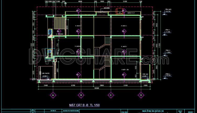 291. CAD design drawings for a 3-story townhouse with dimensions of 5m x 17m