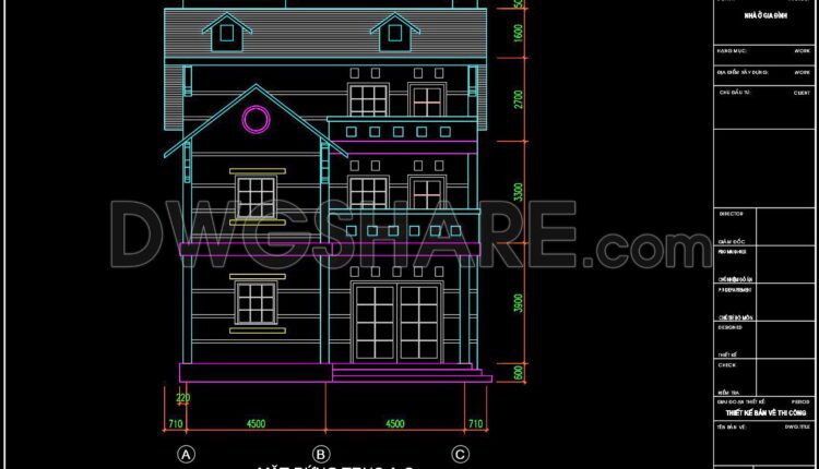 294. CAD design drawings for a 3-story townhouse with dimensions of 9.2m x 11.4m