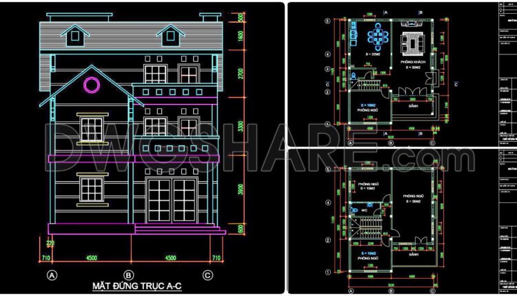 294. CAD design drawings for a 3-story townhouse with dimensions of 9.2m x 11.4m