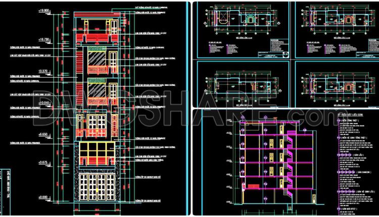 295. CAD design drawings for a 6-story townhouse with dimensions of 4.9m x 18.5m