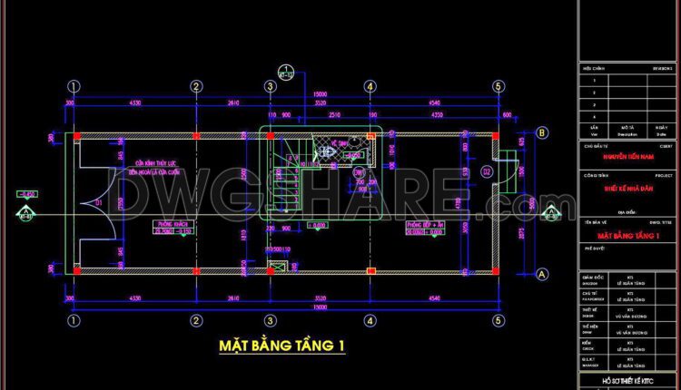 296. CAD design drawings for a 3-story townhouse with dimensions of 5m x 15m