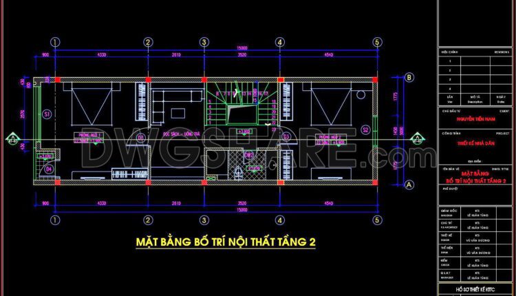 296. CAD design drawings for a 3-story townhouse with dimensions of 5m x 15m