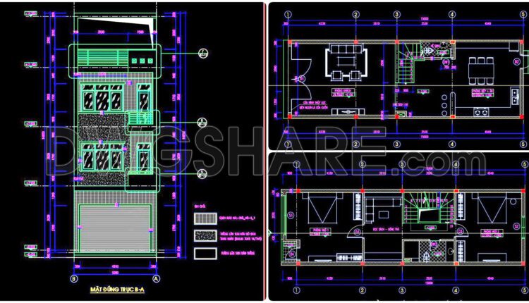 296. CAD design drawings for a 3-story townhouse with dimensions of 5m x 15m